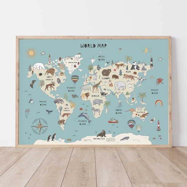 World Map Educational for Kids Room Animal Blue World Map Montessori Nursery Wall Art Printable Posters for Homeschool