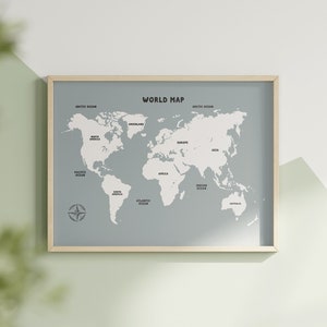 Mapa del mundo azul, arte de pared, guardería, carteles imprimibles educativos Montessori minimalistas para decoración de escuela en casa
