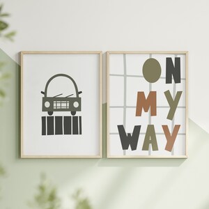 Cars Nursery Wall Art Set of 2 Transportation Boys Room Decor Vehicle Art Kids Room Prints On My Way Quote