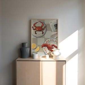 Crustacean Food Print Modern Seafood Kitchen Poster with Lobster and Crab Illustration A4 Crab Decor Lobster Illustration for Kitchen
