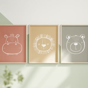 Boho Safari Nursery Decor Set of 3 Baby Wall Art Jungle Playroom Wall Art Minimalist Animal Prints