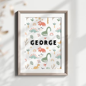 Personalized Name Print Dinosaur Themed Wall Art Boys Nursery Poster