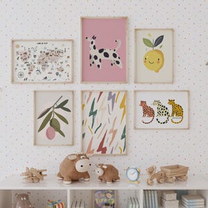 Schattige kinderkamer muurgalerij set van 6 kinderkamer kunstafdrukken kleurrijke kinderkamer galerij muur decor digitale download dierenwereldkaart