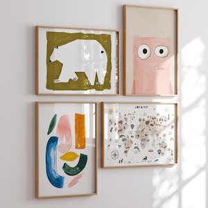 Juego de 4 impresiones artísticas modernas para pared de habitación de niños, galería de arte colorida para habitación de niños, decoración de pared, descarga digital