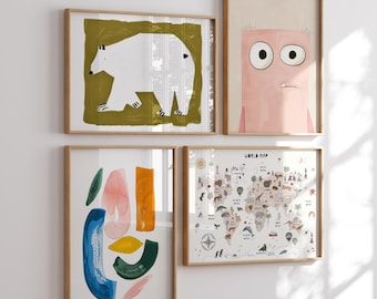 Kids Room Wall Modern Gallery Set of 4 Girls Nursery Art Prints Colorful Children&#39;s Room Gallery Wall Decor Digital Download