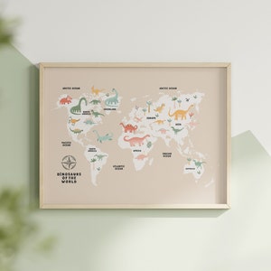Mapa mundial dinosaurio educativo para niños habitación mapa mundial Montessori vivero pared arte imprimible