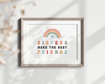 Retro Girl Nursery Print Sisters Make The Best Friends Wall Art Sisters Wall Art Girl Twins Nursery Decor Girls Rainbow Decor