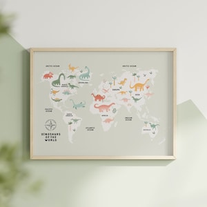 Mapa del mundo dinosaurio educativo para niños habitación verde mapa del mundo Montessori vivero pared arte imprimible