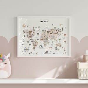 Weltkarte der Tiere Lern für Kinderzimmer Rosa Weltkarte Montessori Kinderzimmer Wandkunst Druckbare Poster für Homeschool