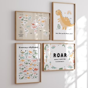 Entzückende Kinderzimmer Wand Moderne Galerie Set Dinosaurier Thema Drucke Geschenk für Kleinkind Zimmer Dino Karte Drucke Roar bedeutet, dass ich liebe dich Zitat Print