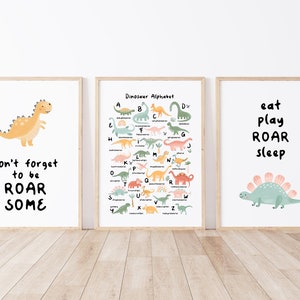 Dinosaur Alphabet Set of 3 Dino Quotes Eat Play ROAR Sleep Dinosaur Theme Prints Gift For Boys Room Digital Download
