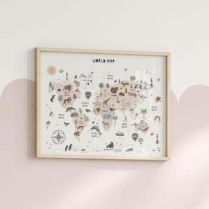 Póster educativo con mapa del mundo de color rosa para la educación en el hogar, divertido arte de pared para guardería con animales: mapa del mundo imprimible para niños para decoración Montessori
