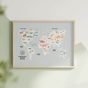 Weltkarte Dinosaurier Lehrreich für Kinderzimmer Blau Weltkarte Montessori Kinderzimmer Wandkunst Printable