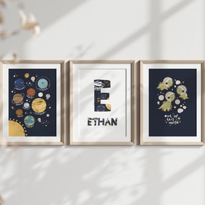 Outer Space Nursery Print with Personalized Name Set of 3 Boys Nursery Print