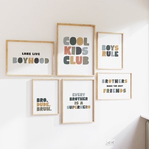Brothers Room Gallery Wall Set of 6 Prints Sibling Love Cool Kids Club Whimsical Brothers Room Prints Long Live Boyhood