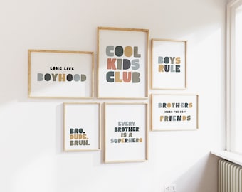 Brothers Room Gallery Wall Set of 6 Prints Sibling Love Cool Kids Club Whimsical Brothers Room Prints Long Live Boyhood