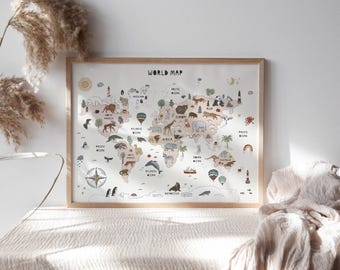 Animal World Map Educational for Kids Room  Pink World Map Montessori Nursery Wall Art