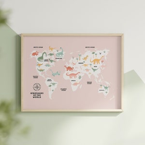 Mapa del mundo dinosaurio educativo para niños habitación rosa mapa del mundo Montessori vivero pared arte imprimible