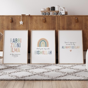 Islamic Kids Room Wall Art Set of 3 Quran Quotes for Muslim Kids Room Decor Rainbow Colors Digital Download