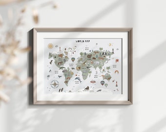 Animal World Map Educational Wall Poster for Kids Digital Download