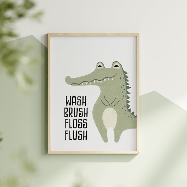 Alligator Bathroom Art Print Crocodile Nursery Bathroom Quote Art Wash Brush Floss Flush Poster