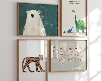 Adorable Kids Room Wall Modern Gallery Set of 4 Nursery Art Prints Colorful Children&#39;s Room Gallery Wall Decor Digital Download