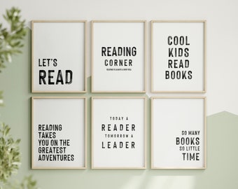 Reading Corner Set of 6 Wall Art for Kids Room Decor Montessori Printables Black and White Book Lover Gift