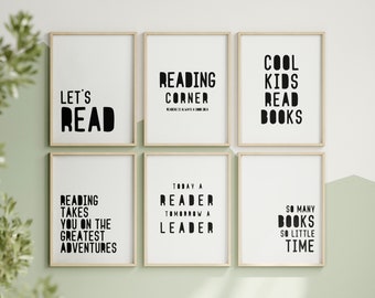 Reading Corner Set of 6 Wall Art for Kids Room Decor Montessori Printables Black and White Classroom Decor