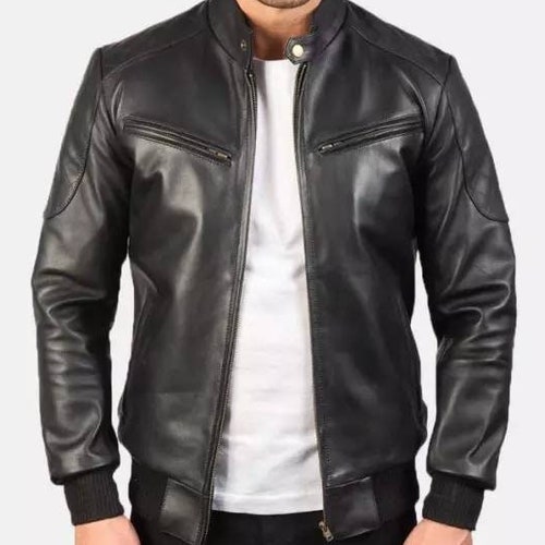 Men's full grain cafè racer style buy bomber black leather jacket with detailed stitching pattern,soft and smooth genuine leather,gift for him