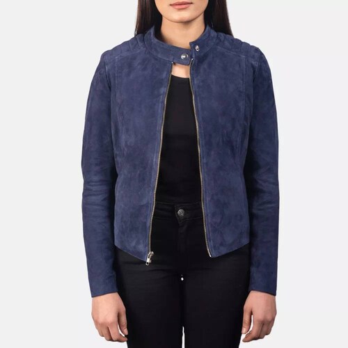 Women's custom-made blue soft sheep suede moto leather jacket shops with warm quilted liner, leather outerwear, gift for her, all season jacket