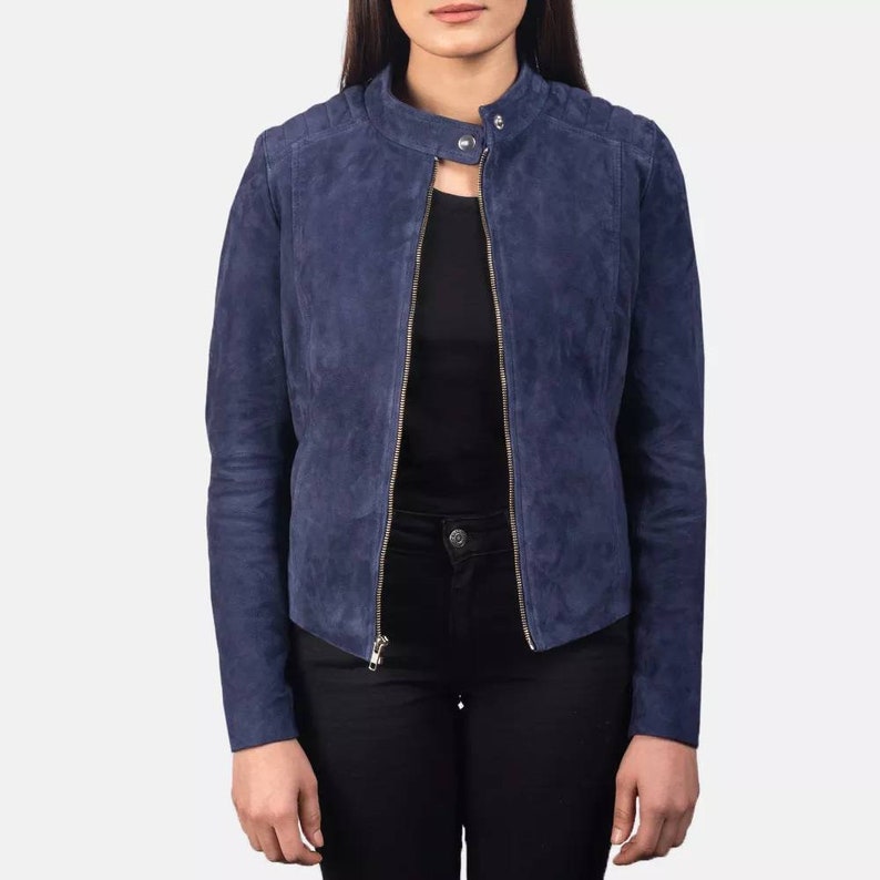 Women's custom-made blue soft sheep suede moto leather jacket shops with warm quilted liner, leather outerwear, gift for her, all season jacket