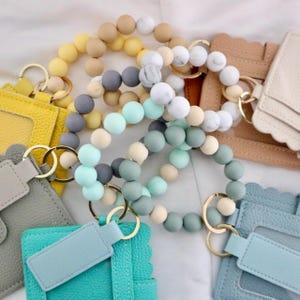 Handmade Leather Wristlet Keychain Wallet, Silicone Beads Slim mini wallet