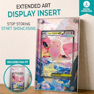May include: Clear acrylic display insert for a trading card, featuring a Mega Gardevoir EX card. The display insert has the text "Extended Art Display Insert" and "Stop Storing Start Showcasing". Includes PSA fit.