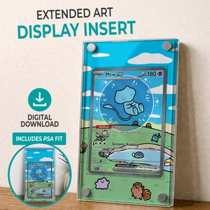 May include: A clear acrylic display insert for a trading card, featuring a blue and white cartoon landscape design. The insert holds a Mew EX card. The text "EXTENDED ART DISPLAY INSERT" and "DIGITAL DOWNLOAD" are visible.