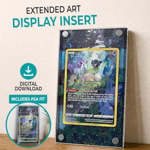 May include: A clear acrylic display insert for a trading card, featuring a colorful illustration of a Mew Pokémon card. The insert is labeled "Extended Art Display Insert" and "Digital Download". Includes PSA fit.
