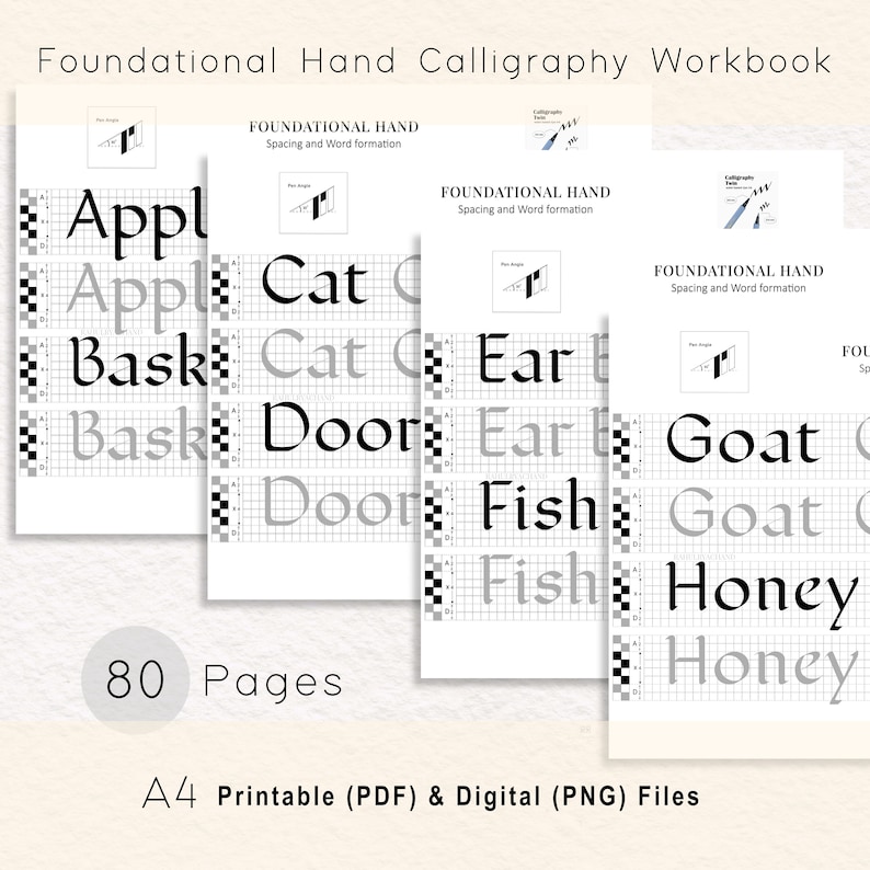 Calligraphy Practice, Worksheet, 80 Pages A4 Learn Calligraphy Skills, Foundational Hand Script, Workbook, Basic Strokes to Alphabets, Words