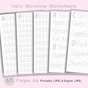 Printable Handwriting Worksheet, A4 Italic Monoline Script Calligraphy, Handlettering Practice Sheet, Alphabet Tracing Guide Worksheet