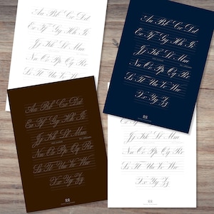 May include: Three printable alphabet practice sheets with cursive letters in grey on different coloured backgrounds: white, dark blue, and brown. The letters are arranged in alphabetical order and are written on lined paper. The sheets are labelled with the initials "RR" at the bottom.