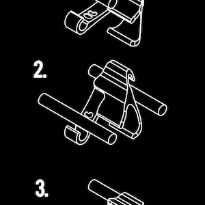 May include: A three-step assembly diagram for a white metal bike rack. The diagram shows how to attach the two metal bars to the metal bracket.