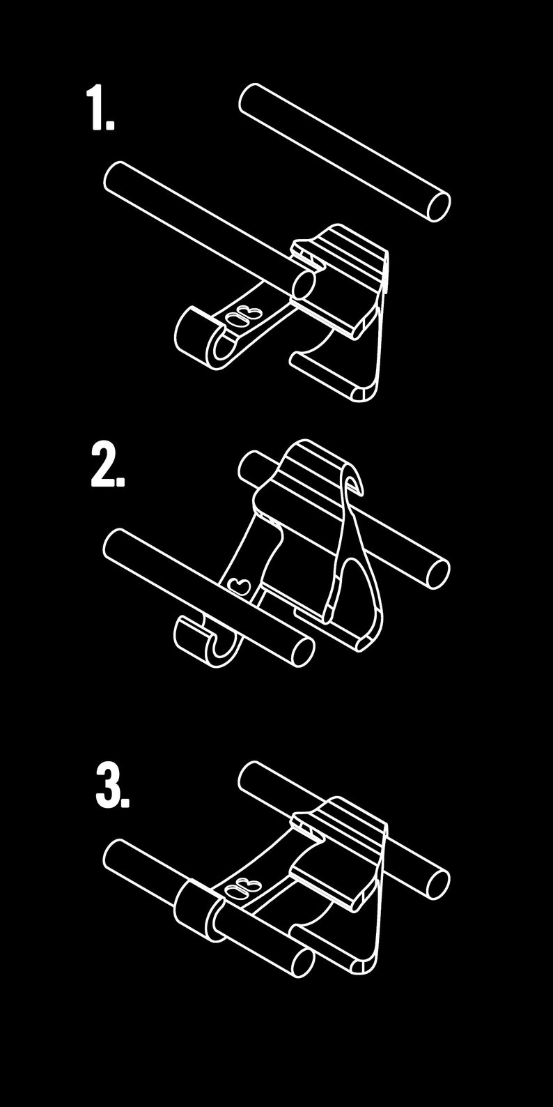 May include: A three-step assembly diagram for a white metal bike rack. The diagram shows how to attach the two metal bars to the metal bracket.