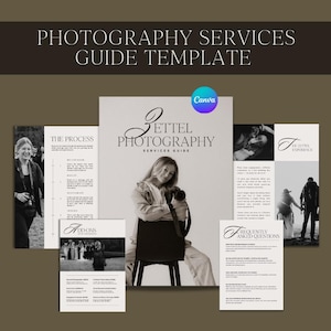 Pode incluir: Um modelo digital de guia de serviços de fotografia com várias páginas, imagens em preto e branco, tipografia serifada e seções intituladas The Process, Zettel Photography Services Guide, Add-ons e Frequently Asked Questions.