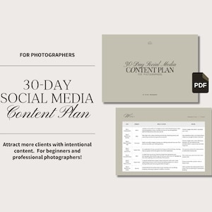 Può includere: Un piano di contenuti social media di 30 giorni per fotografi. Il piano color beige include un'icona PDF e un calendario dei contenuti dettagliato. Il testo recita: "Attira più clienti con contenuti intenzionali."