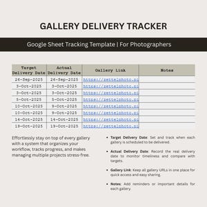 Modello di Google Sheets per il monitoraggio delle consegne della galleria per fotografi, monitoraggio delle scadenze, strumento aziendale per fotografi, CRM per la gestione dei clienti immagine 6