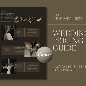 Modelo de preços para fotografia de casamento, lista de guias de preços para casamento, guia de preços para fotógrafos, pacote de casamento, fotografia, modelo Canva