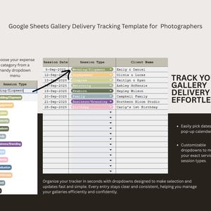 Modello di Google Sheets per il monitoraggio delle consegne della galleria per fotografi, monitoraggio delle scadenze, strumento aziendale per fotografi, CRM per la gestione dei clienti immagine 2