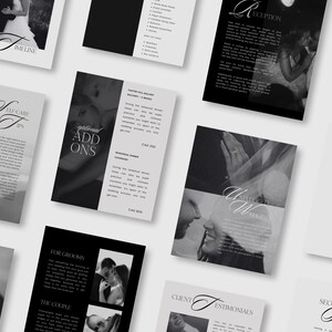 May include: Black and white wedding photography brochure featuring images of a couple, a timeline, and a list of additional services. The brochure includes text about the wedding ceremony, reception, first look, and client testimonials.