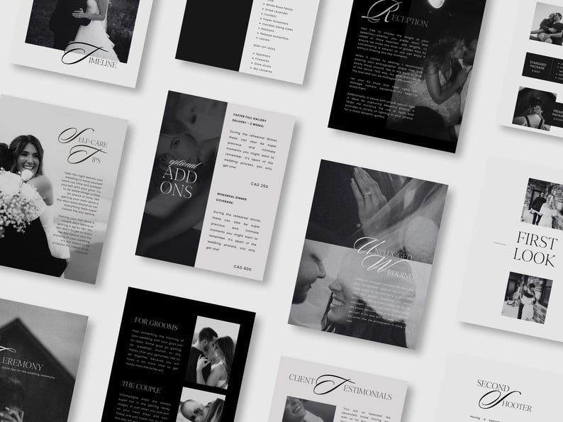 May include: Black and white wedding photography brochure featuring images of a couple, a timeline, and a list of additional services. The brochure includes text about the wedding ceremony, reception, first look, and client testimonials.