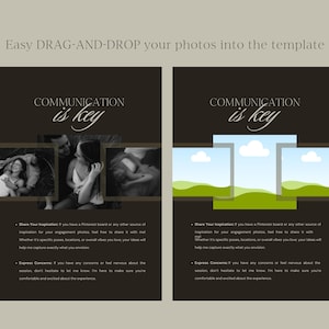 May include: Two brown cards with the text "COMMUNICATION is key" in white text. The left card has three black and white photos of a couple. The right card has a graphic of a green field with clouds and a gray frame.