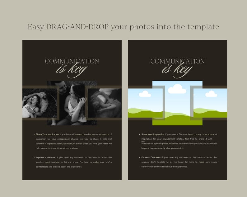 May include: Two brown cards with the text "COMMUNICATION is key" in white text. The left card has three black and white photos of a couple. The right card has a graphic of a green field with clouds and a gray frame.