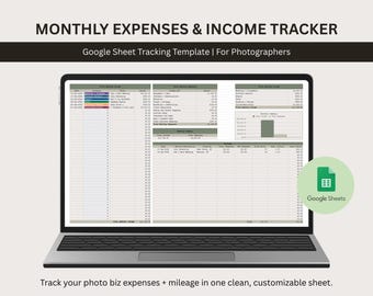 Plantilla de seguimiento de gastos de fotografía empresarial de Hojas de Cálculo de Google / Seguimiento de ingresos, gastos y kilometraje de fotógrafos de bodas